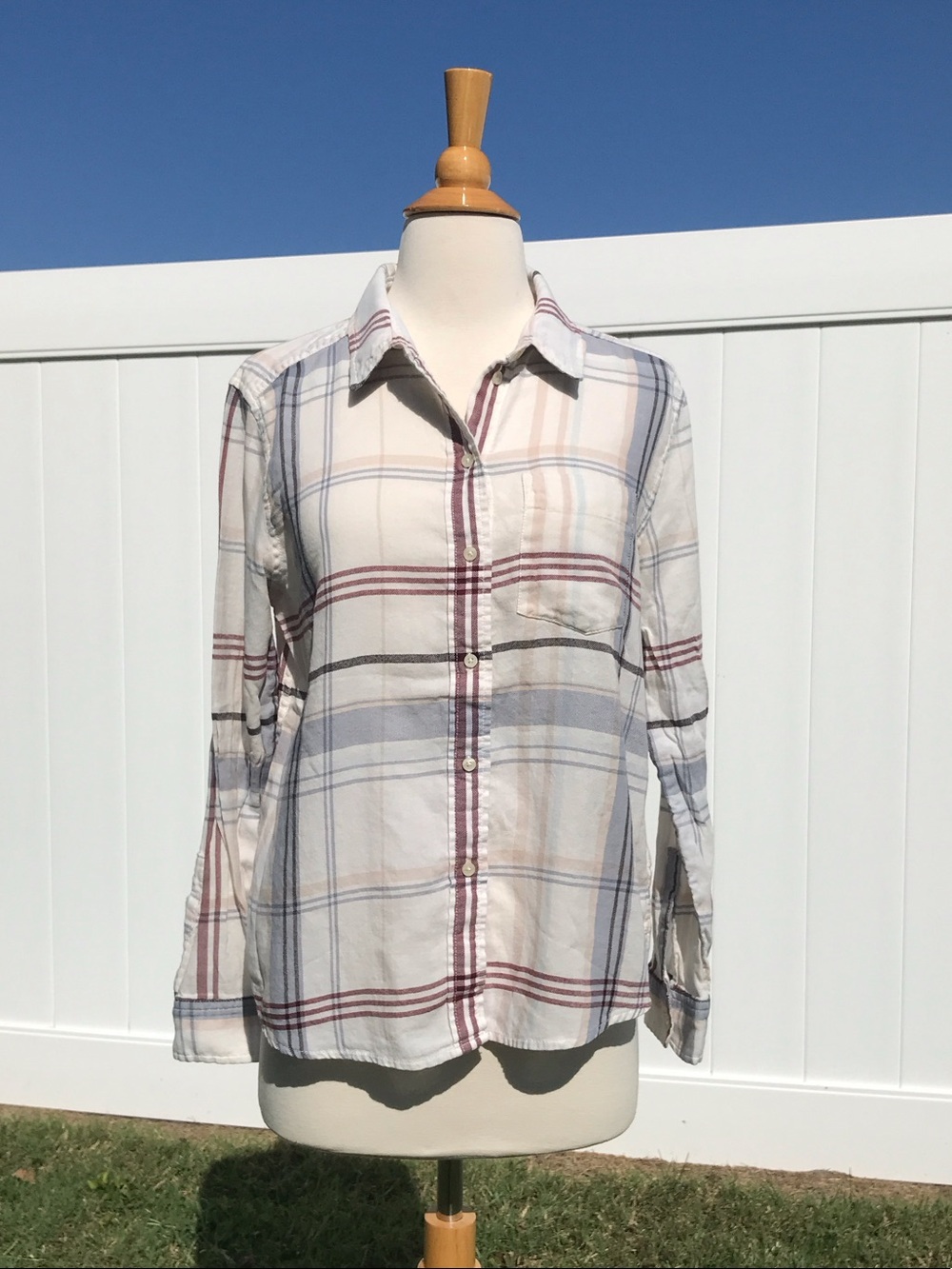Calvin Klein Jeans Cream Flannel Button-Down with Gray Burgundy Tan Plaid Medium